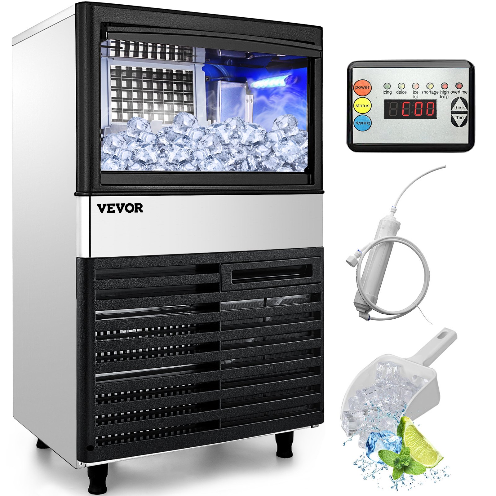 Máquina de hielo comercial VEVOR, panel de control, cuchara con hielo, lima y hojas de menta.