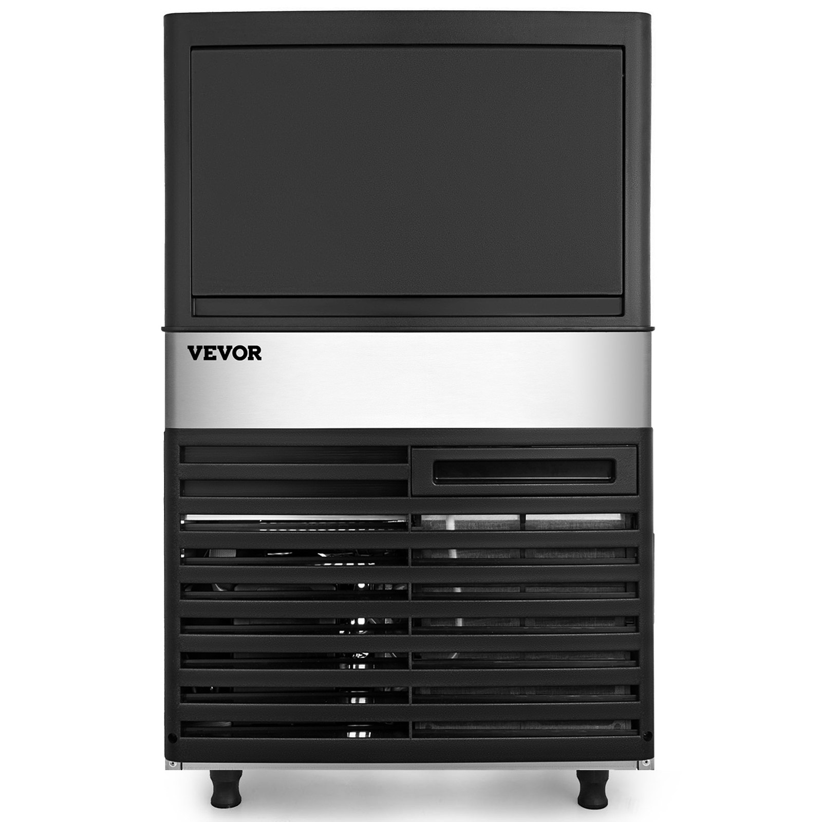 Máquina de hielo comercial VEVOR con un elegante diseño en acero inoxidable y negro.