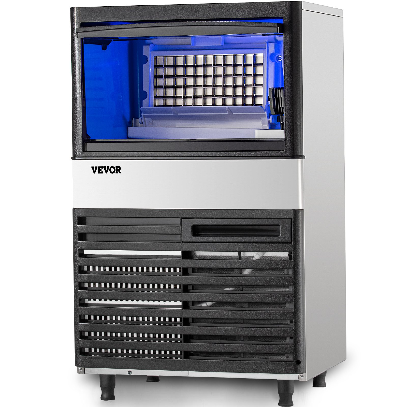 Máquina de hielo comercial VEVOR con interior iluminado y elegante diseño en blanco y negro.