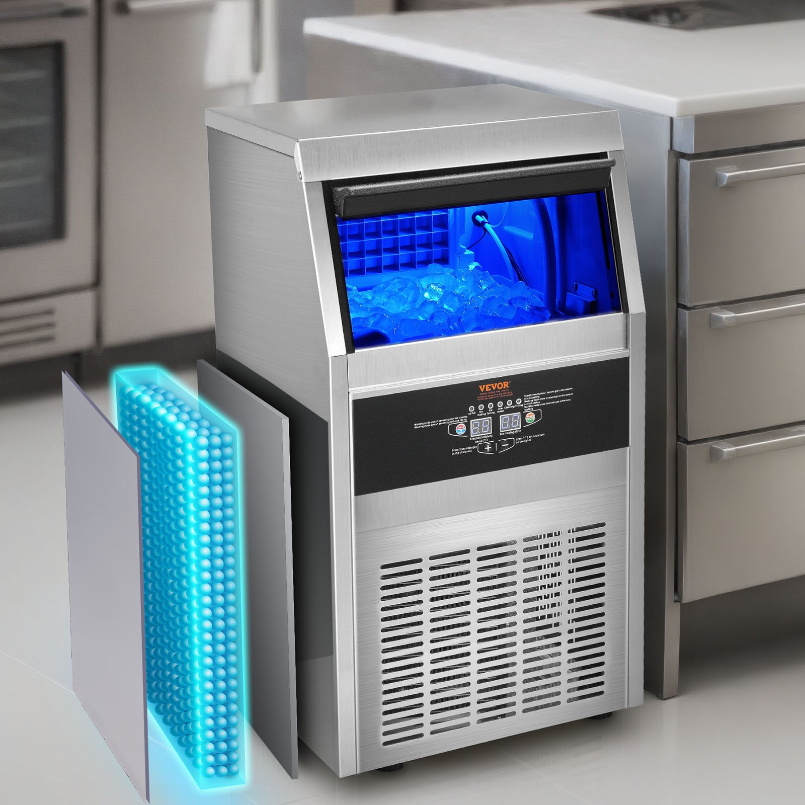 VEVOR Maquina De Hielo 110V 132LBS/24H Fabricante de cubitos de hielo comercial Fabricación automática de cubitos de hielo transparentes Máquina