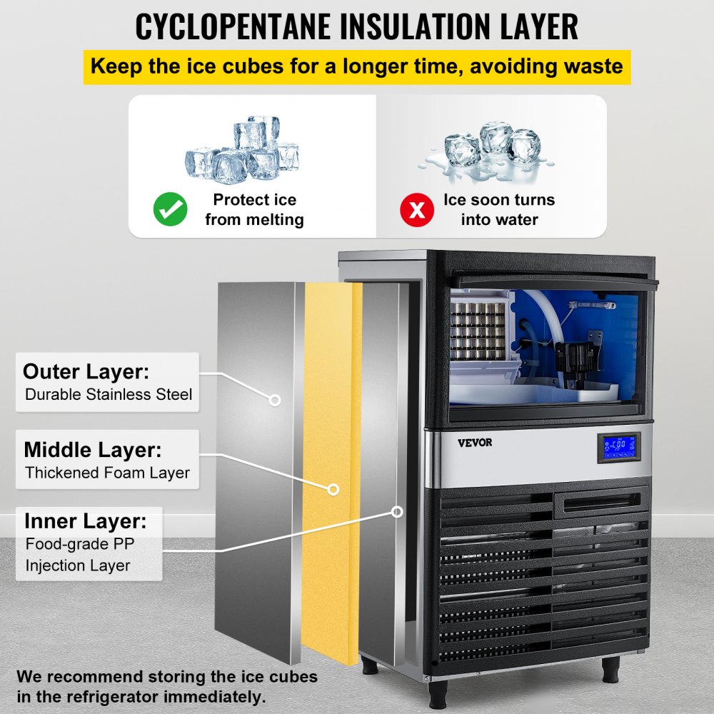 Máquina para fabricar hielo VEVOR con aislamiento de ciclopentano y capas de acero inoxidable.