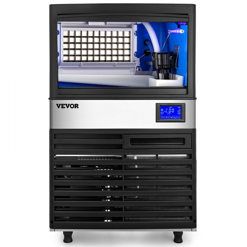Vista frontal de la máquina para fabricar hielo VEVOR con panel de control digital y depósito de hielo.