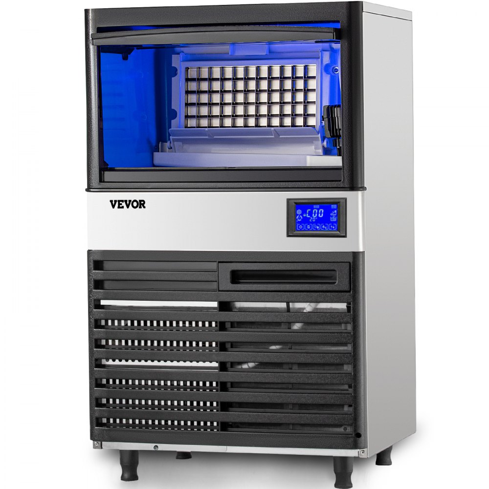 Máquina para fabricar hielo VEVOR con panel de control digital e iluminación interior azul.