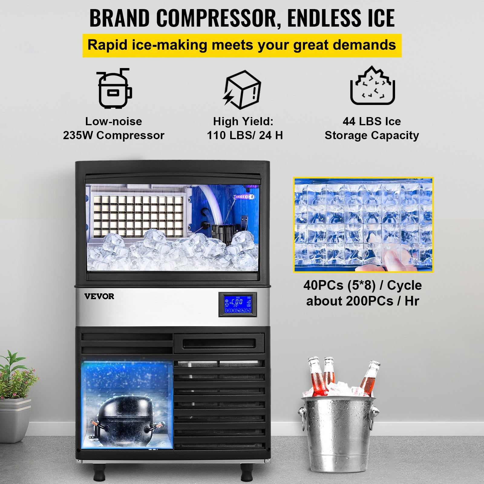 Máquina para fabricar hielo VEVOR con compresor de 235w y capacidad de almacenamiento de 44 lbs.