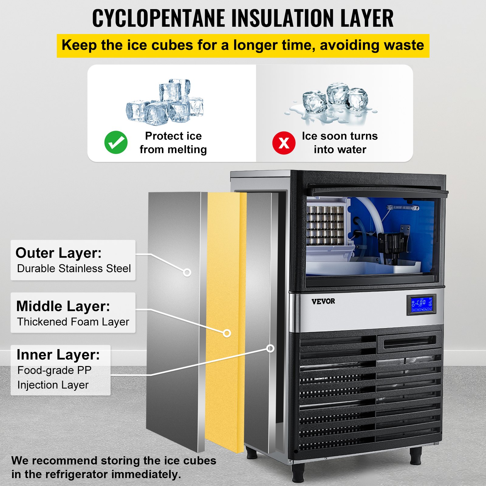 Máquina para fabricar hielo VEVOR con aislamiento de ciclopentano y capas de acero inoxidable.