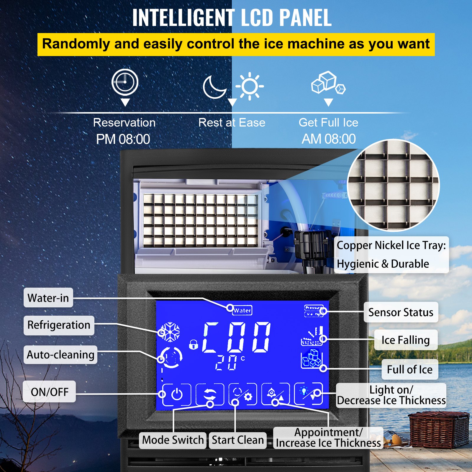 Máquina para fabricar hielo VEVOR con panel LCD inteligente y bandeja de hielo de cobre y níquel.