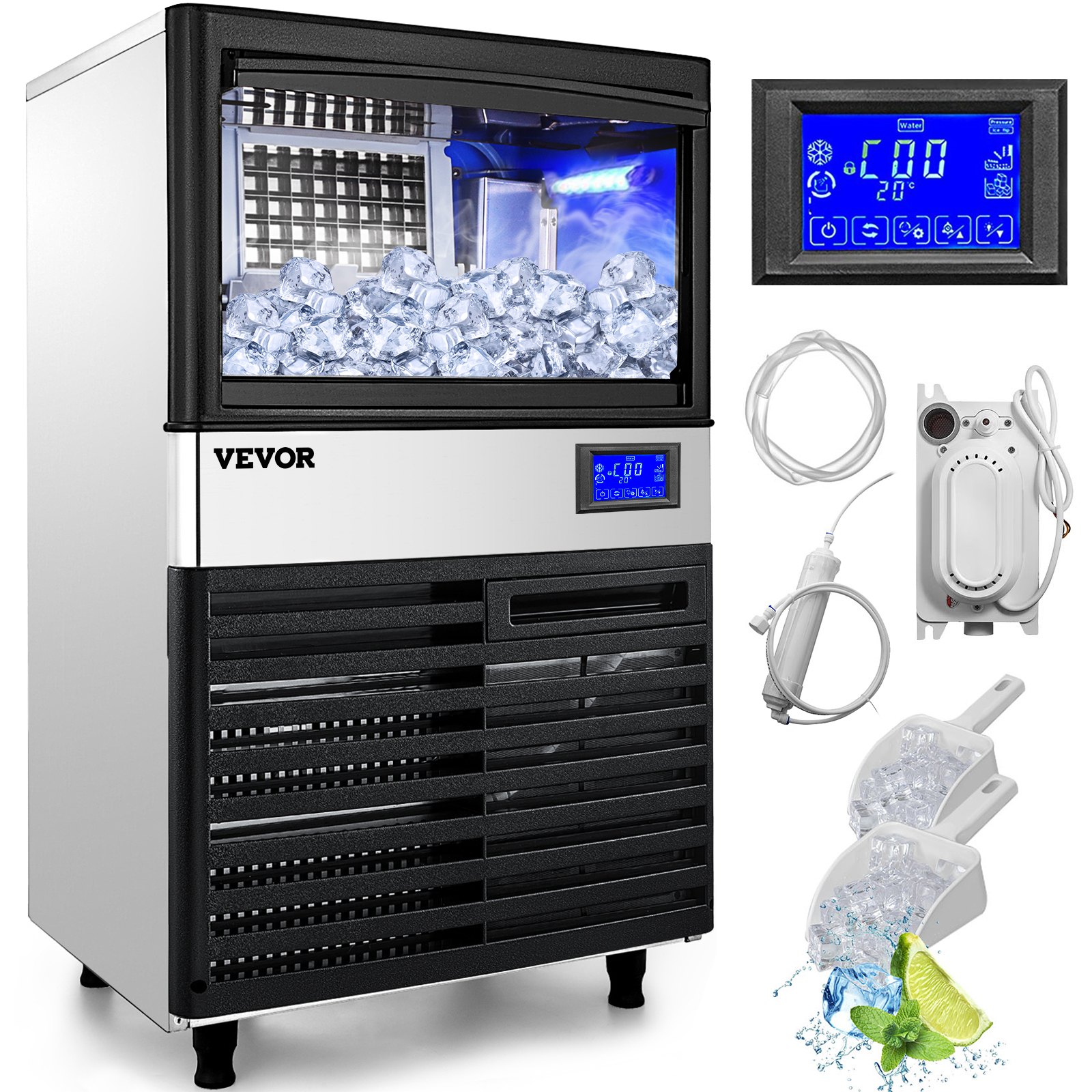 Máquina para fabricar hielo VEVOR con panel de control, accesorios y palas para hielo.