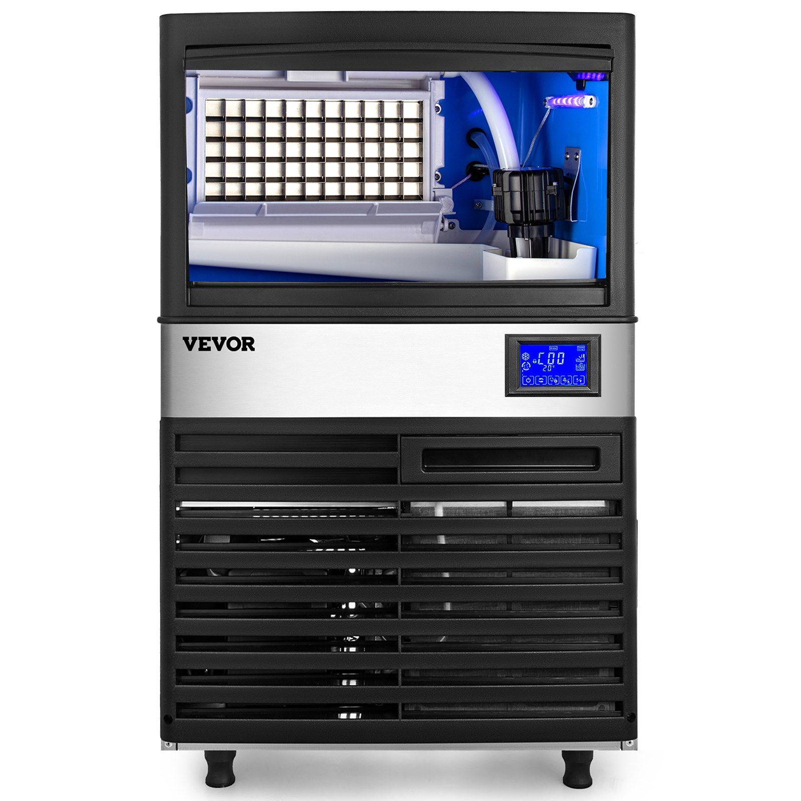 Vista frontal de la máquina para fabricar hielo VEVOR con panel de control digital y depósito de hielo.