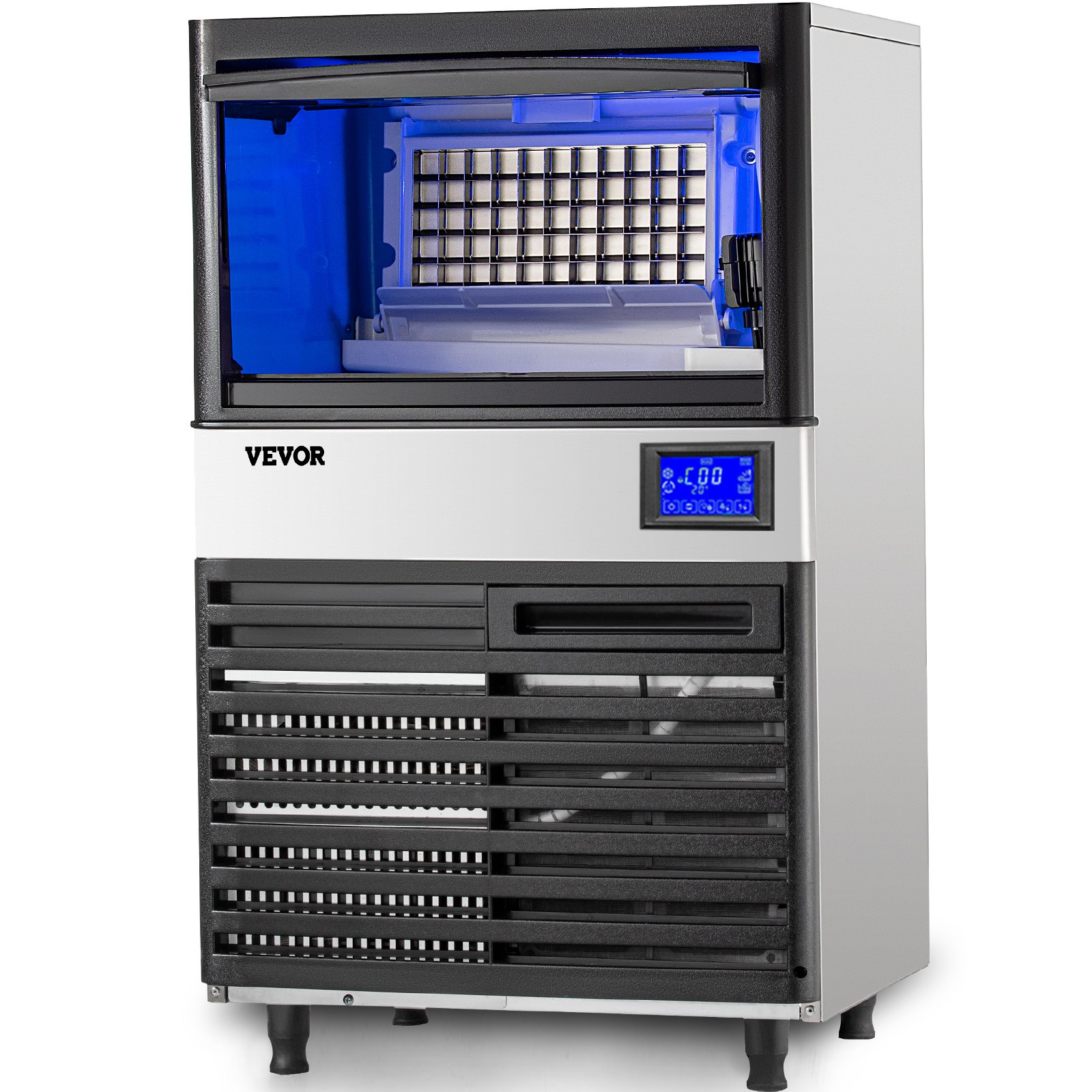 Máquina para fabricar hielo VEVOR con panel de control digital e iluminación interior azul.