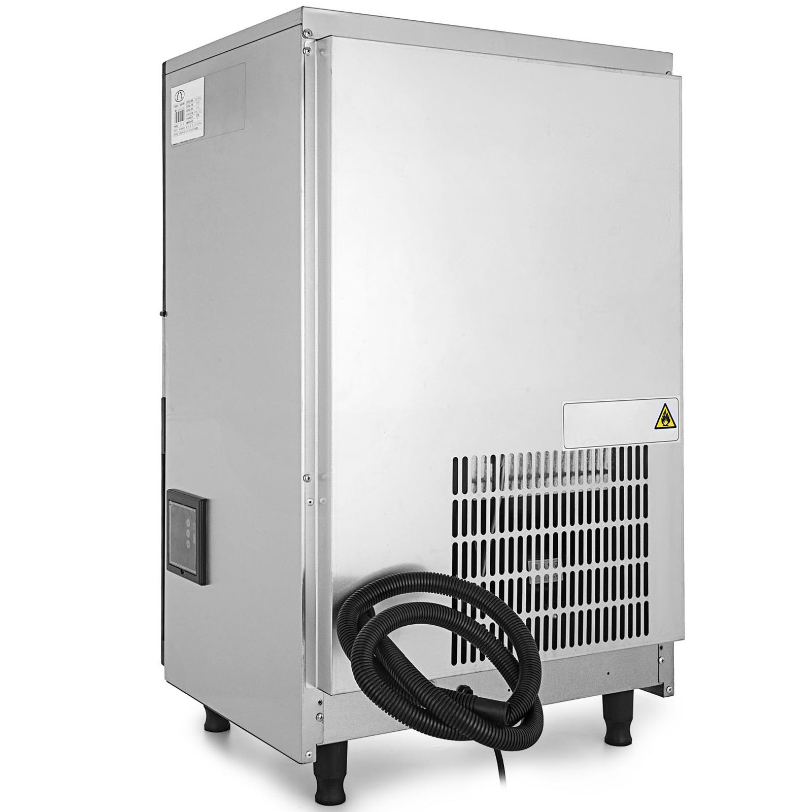Máquina para fabricar hielo VEVOR con acabado en acero inoxidable con ventilación trasera y cable de alimentación