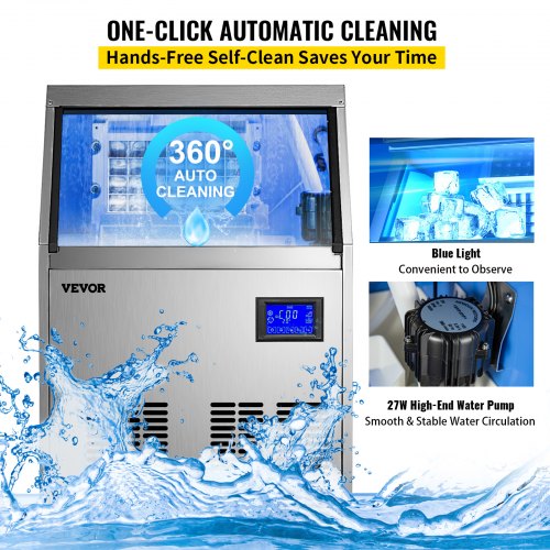 VEVOR máquina de hielo comercial 155lbs en 24H con bomba de drenaje de agua 33LBS de almacenamiento de acero inoxidable 5 x 9 cubos LCD Panel Auto Clean para Bar Home Supermercado, color plateado
