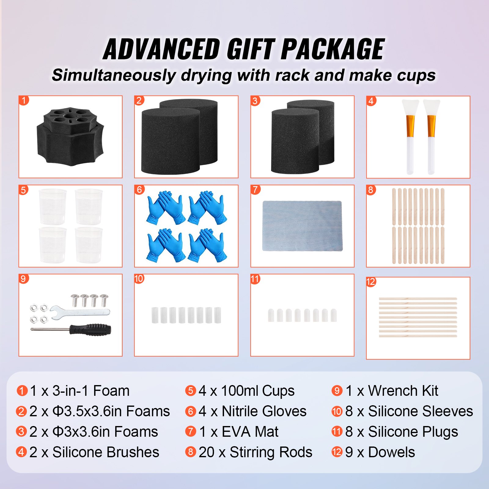 El paquete de regalo avanzado VEVOR 4 Cup Turner incluye espuma, tazas, guantes, cepillos, tapete y herramientas.