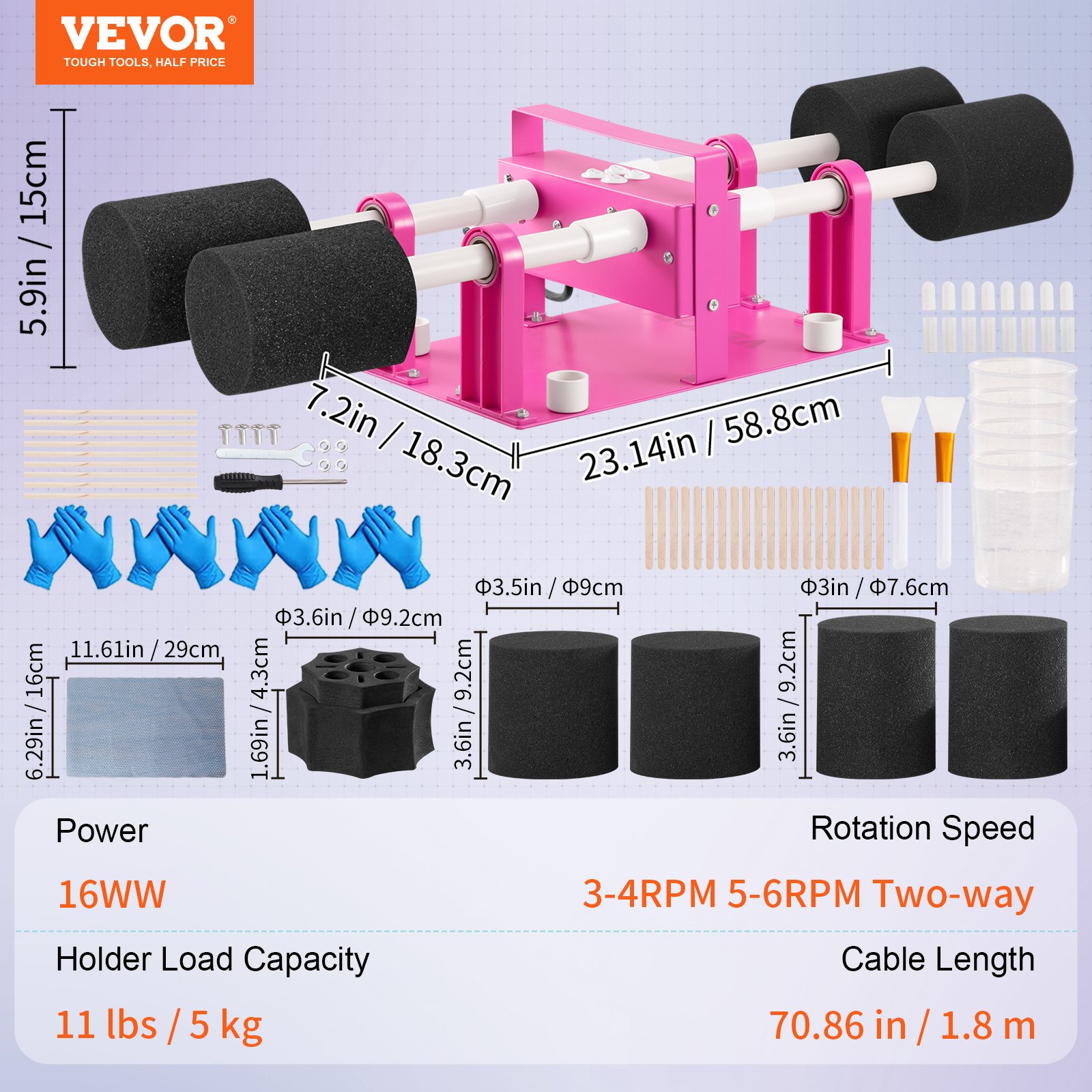 VEVOR Volteador de 4 tazas con base rosa, rodillos de espuma, accesorios, guantes azules y medidas de piezas