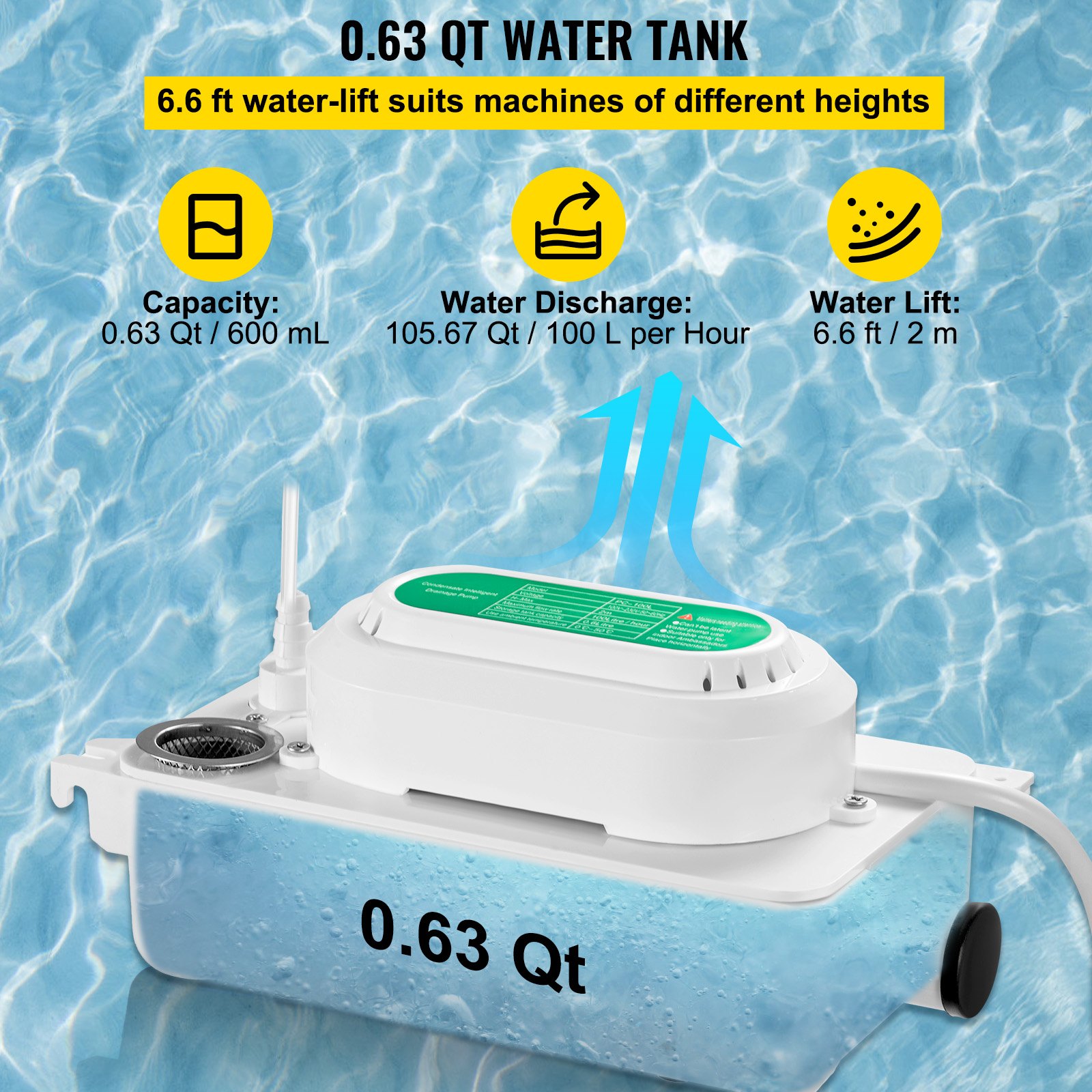 Bomba de condensado VEVOR, capacidad de 0,63 qt, elevación de 6,6 pies, descarga de 100 l/h.