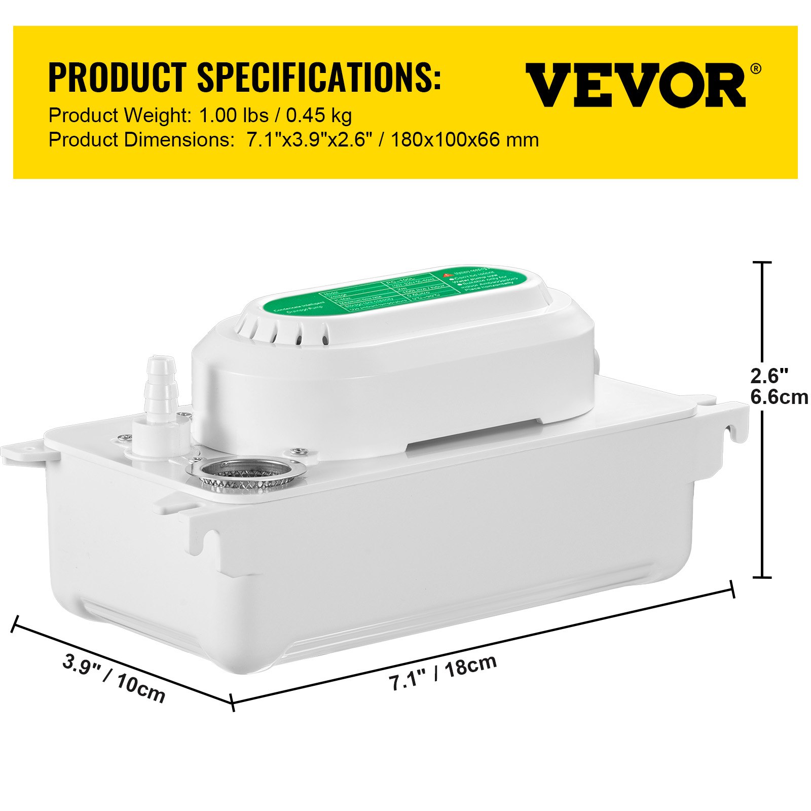Bomba de condensado VEVOR, 1,00 lbs, dimensiones detalladas de 7,1&quot; x 3,9&quot; x 2,6&quot;.