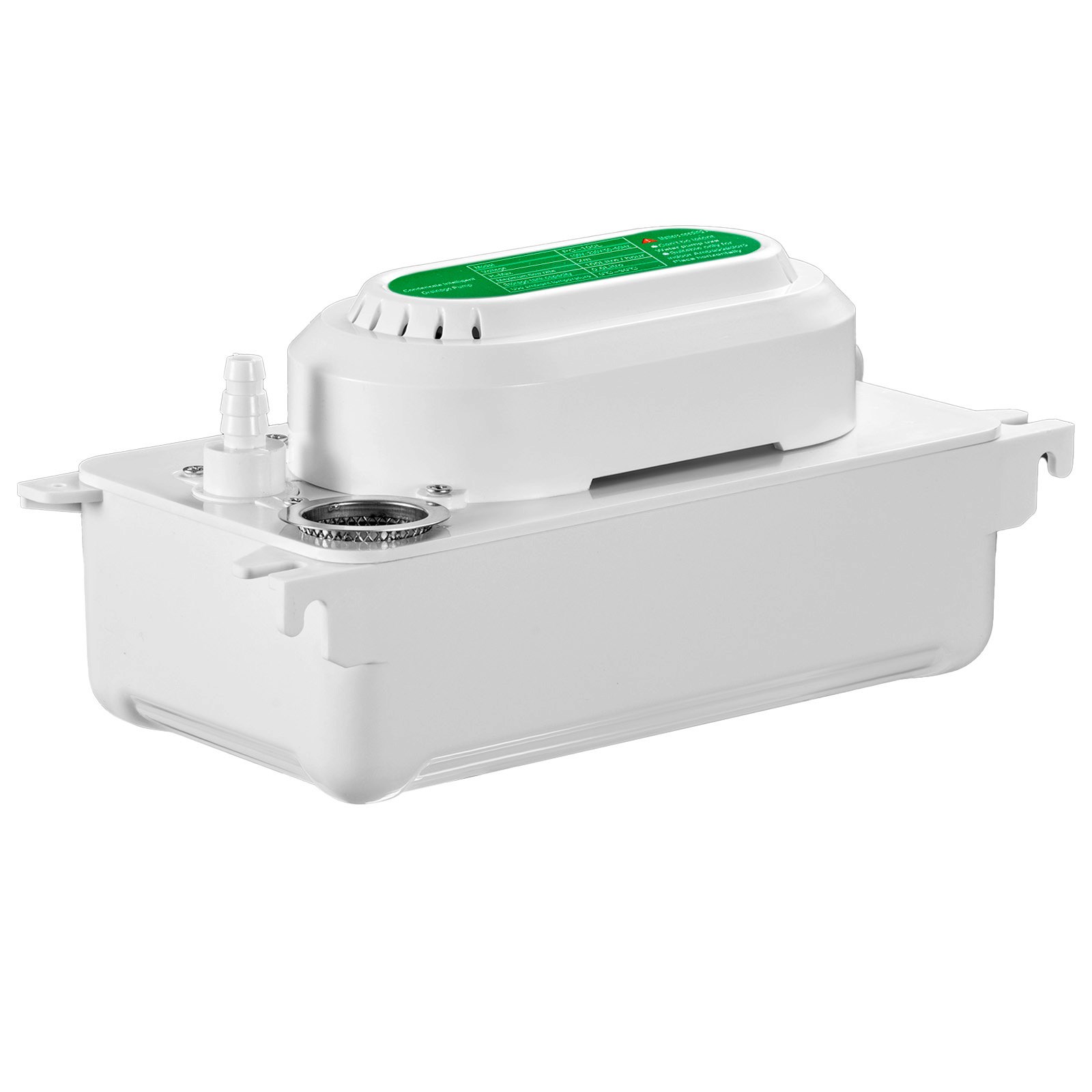 Bomba de condensado VEVOR en color blanco con etiqueta verde y conectores de manguera.