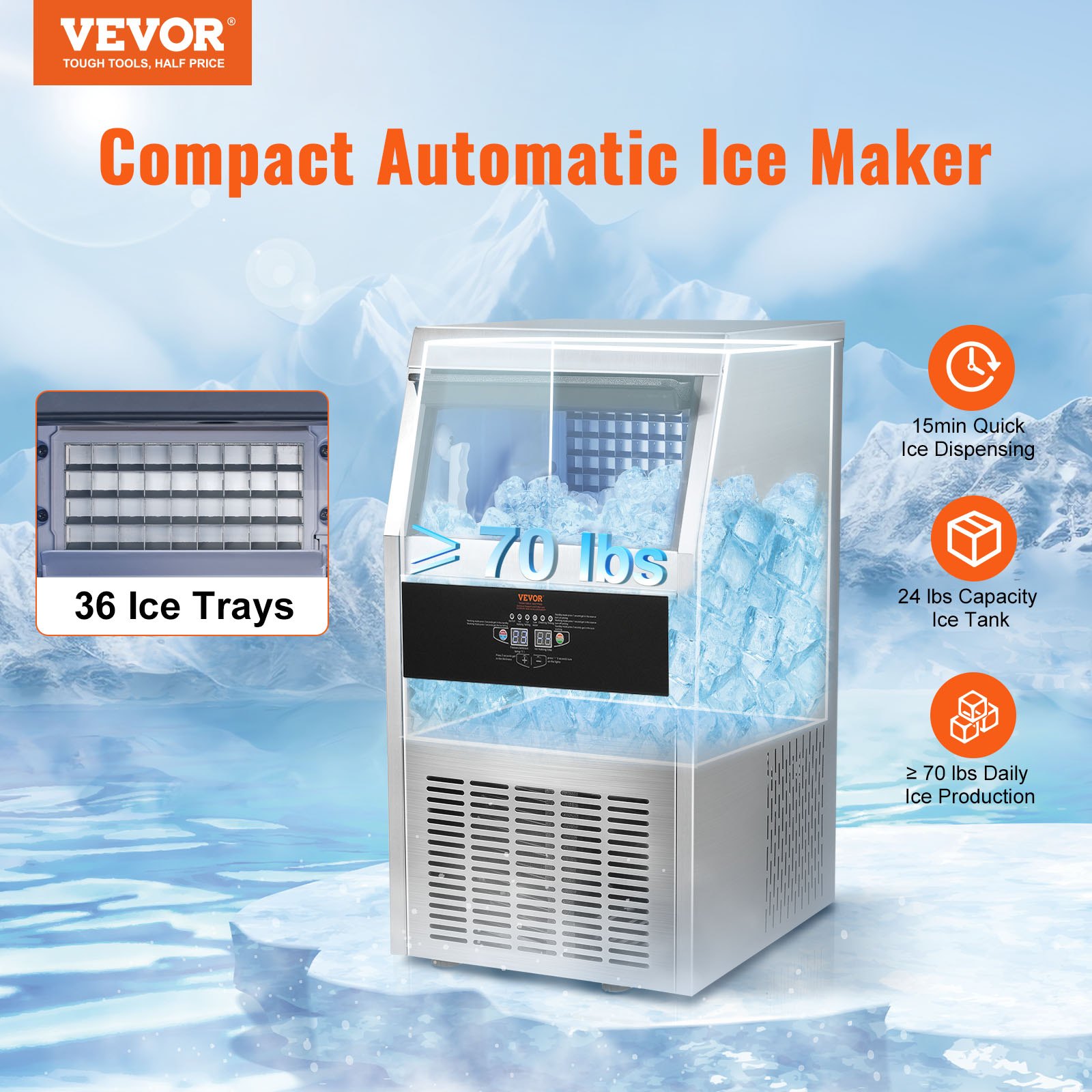 VEVOR Maquina De Hielo Fabricador De Hielo Máquina para hacer hielo comercial 110 V 90-100LBS/24H con contenedor 33LBS automática de acero inoxidable