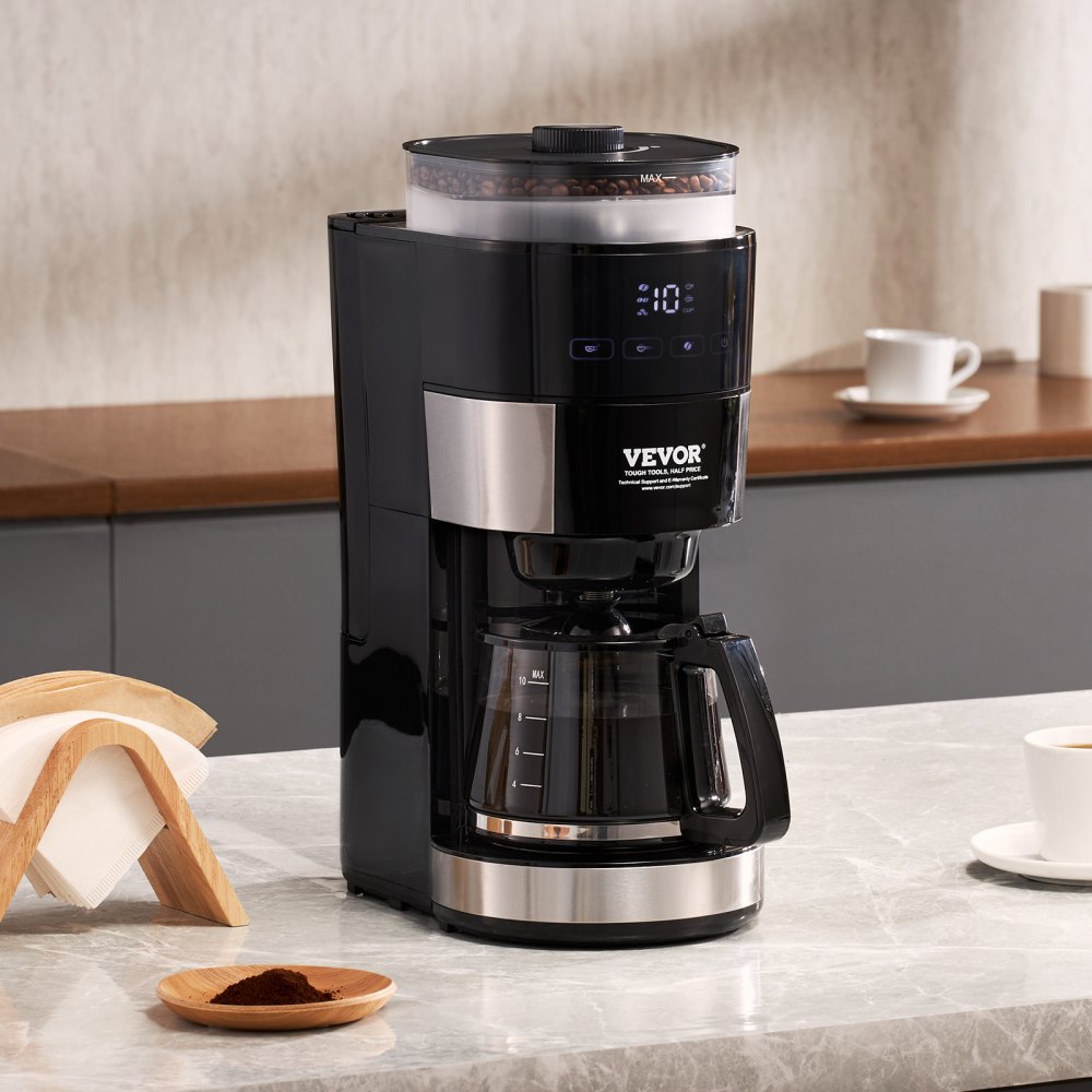 Cafetera VEVOR con molinillo, cafetera de 10 tazas, cafetera de goteo con molido ajustable, con 3 niveles de intensidad de café, ideal para casa, oficina y restaurante.