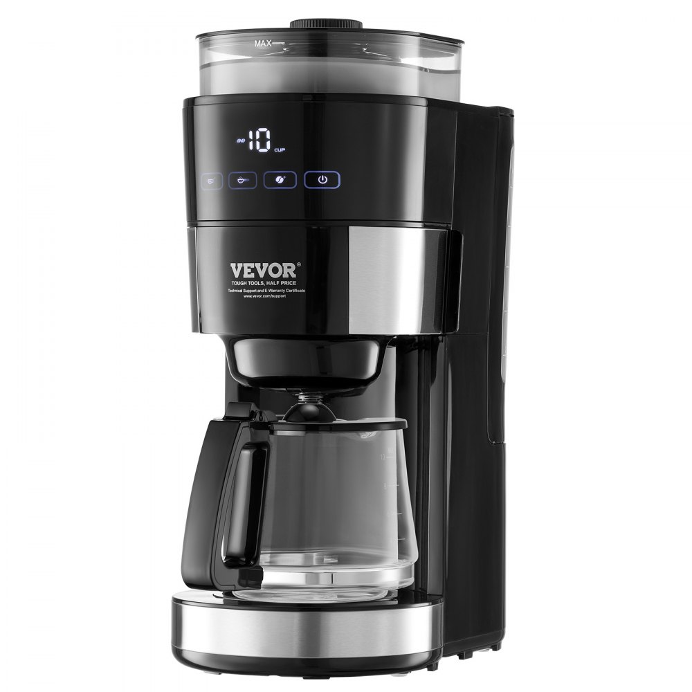 Cafetera VEVOR con molinillo, cafetera de 10 tazas, cafetera de goteo con molido ajustable, con 3 niveles de intensidad de café, ideal para casa, oficina y restaurante.