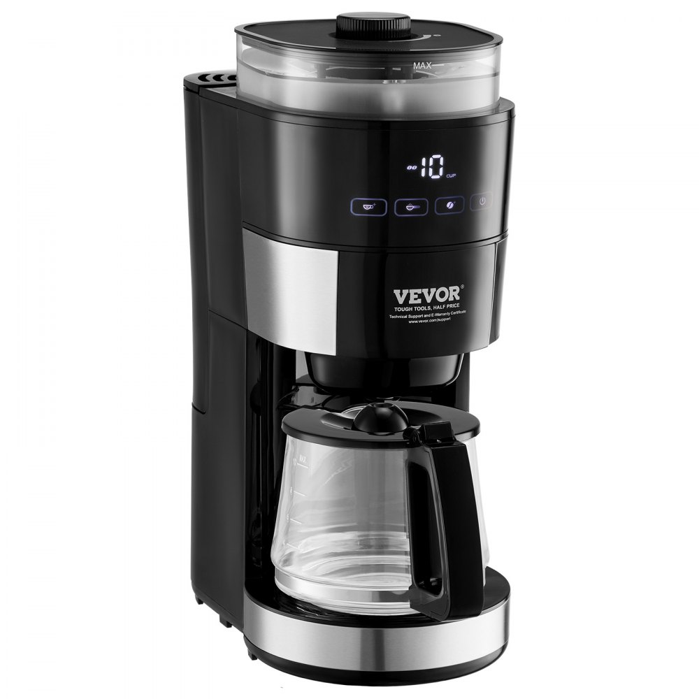 Cafetera VEVOR con molinillo, cafetera de 10 tazas, cafetera de goteo con molido ajustable, con 3 niveles de intensidad de café, ideal para casa, oficina y restaurante.