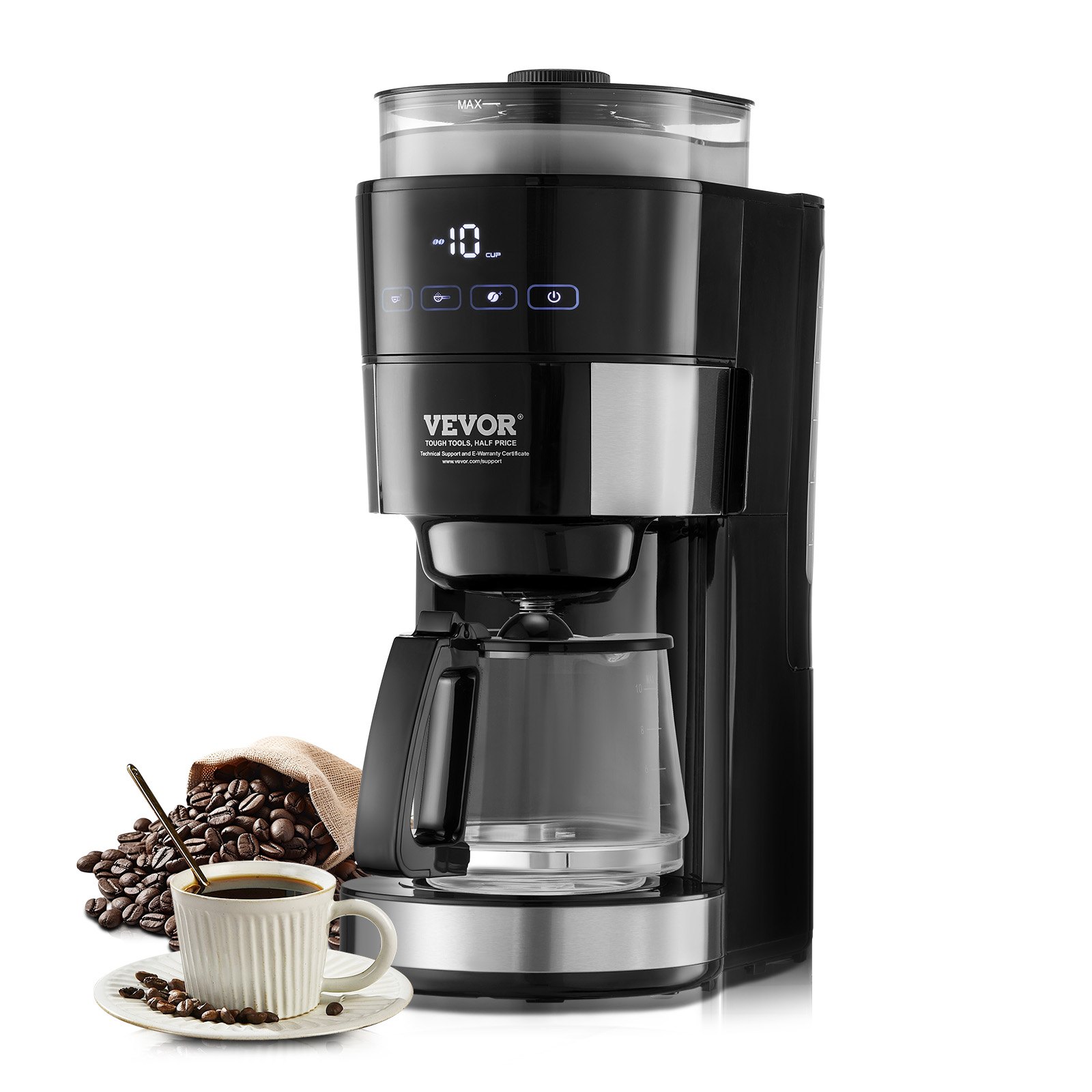 Cafetera VEVOR con molinillo, cafetera de 10 tazas, cafetera de goteo con molido ajustable, con 3 niveles de intensidad de café, ideal para casa, oficina y restaurante.