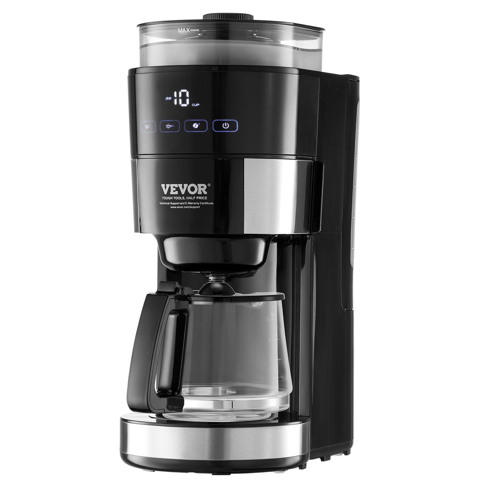 Cafetera VEVOR con molinillo, cafetera de 10 tazas, cafetera de goteo con molido ajustable, con 3 niveles de intensidad de café, ideal para casa, oficina y restaurante.
