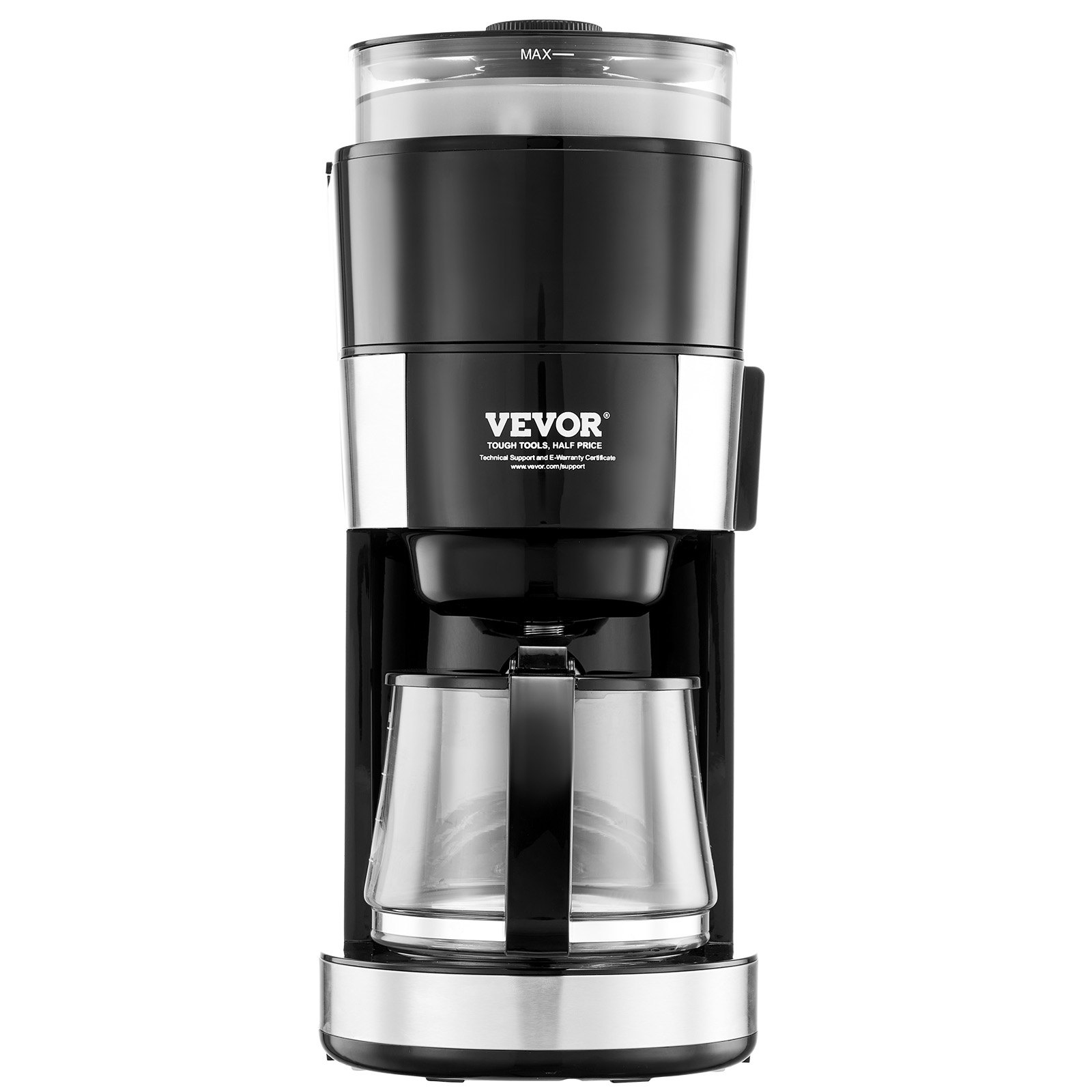 Cafetera VEVOR con molinillo, cafetera de 10 tazas, cafetera de goteo con molido ajustable, con 3 niveles de intensidad de café, ideal para casa, oficina y restaurante.