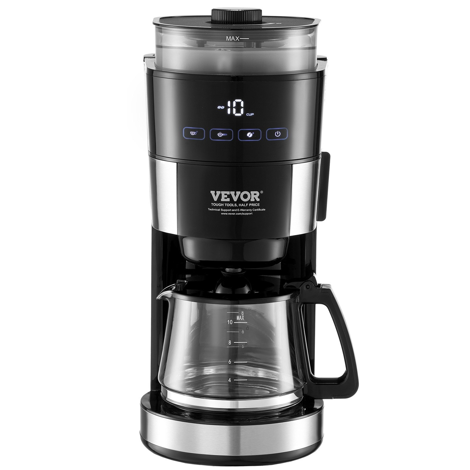 Cafetera VEVOR con molinillo, cafetera de 10 tazas, cafetera de goteo con molido ajustable, con 3 niveles de intensidad de café, ideal para casa, oficina y restaurante.