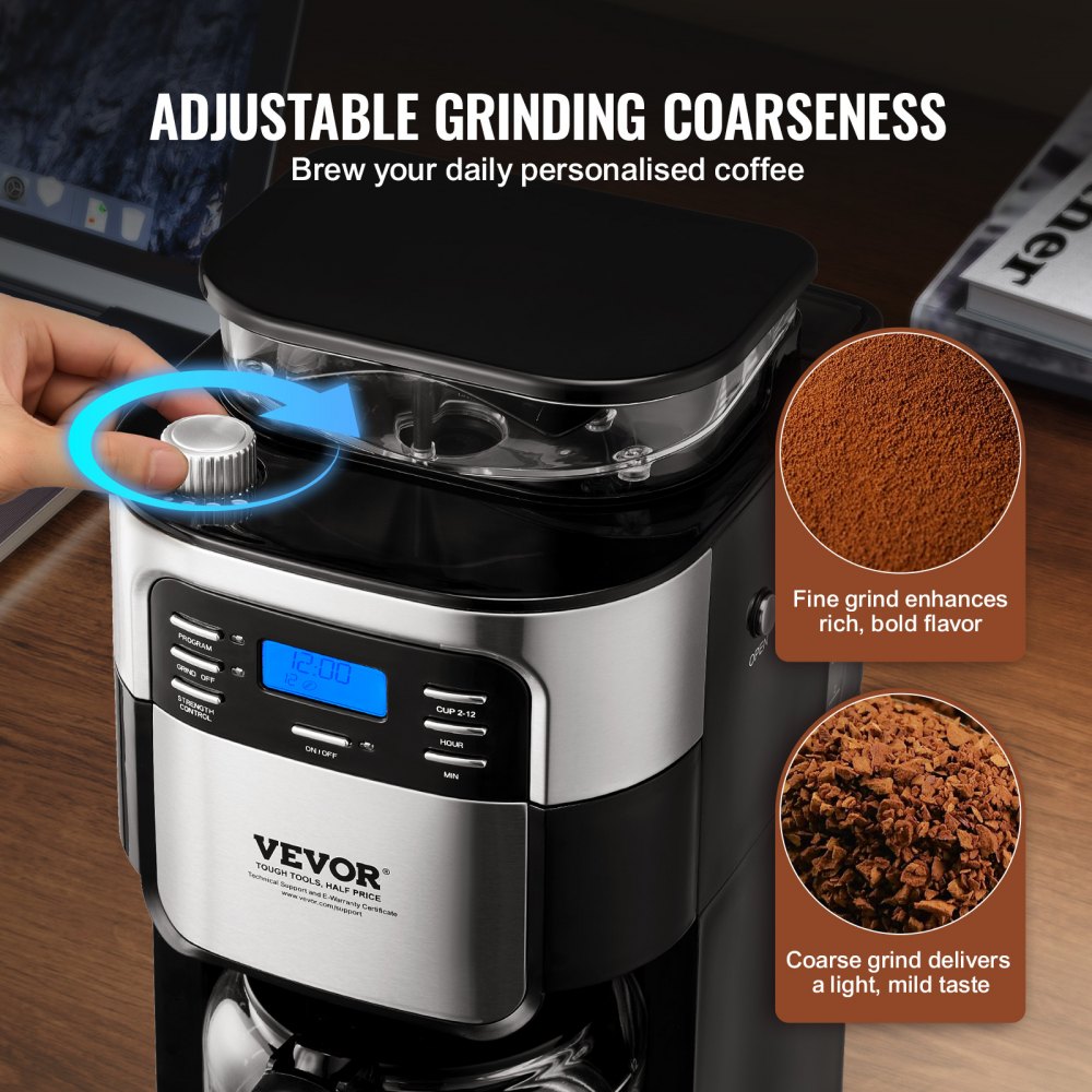 Cafetera VEVOR con molinillo, 12 tazas, cafetera con función de molido y preparación automática, control de intensidad de café de 3 niveles, temporizador de 24 horas, ideal para casa, oficina y restaurante.