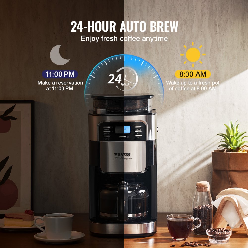 Cafetera VEVOR con molinillo, 12 tazas, cafetera con función de molido y preparación automática, control de intensidad de café de 3 niveles, temporizador de 24 horas, ideal para casa, oficina y restaurante.