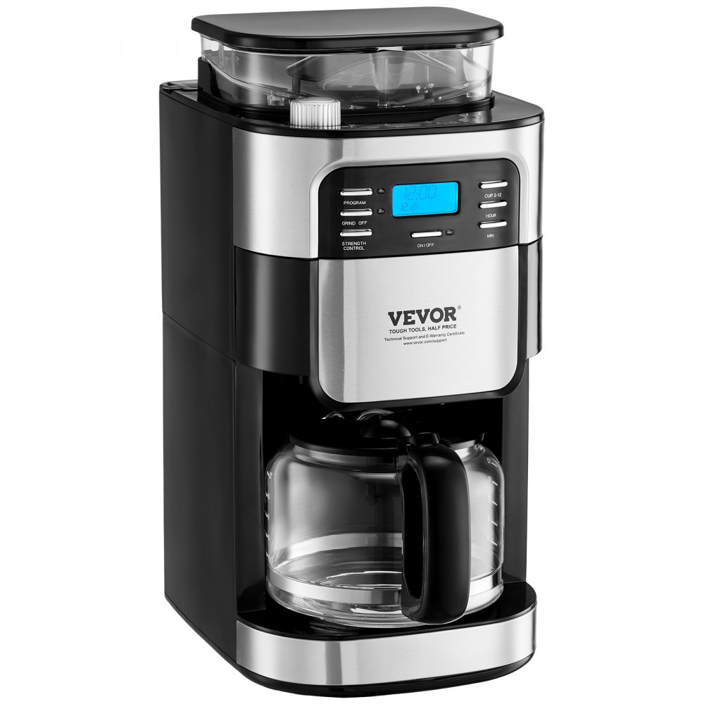 Cafetera VEVOR con molinillo, 12 tazas, cafetera con función de molido y preparación automática, control de intensidad de café de 3 niveles, temporizador de 24 horas, ideal para casa, oficina y restaurante.