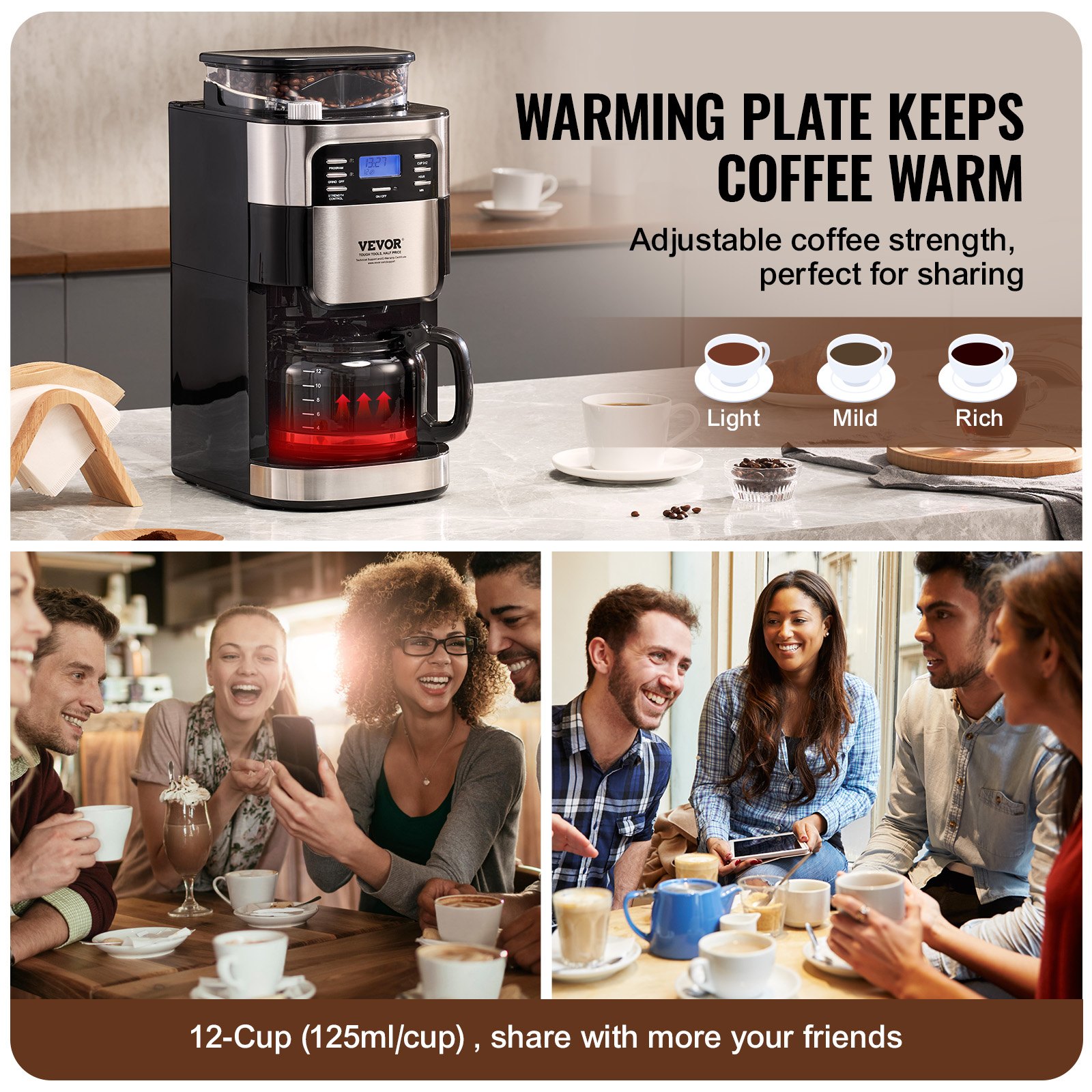 Cafetera VEVOR con molinillo, 12 tazas, cafetera con función de molido y preparación automática, control de intensidad de café de 3 niveles, temporizador de 24 horas, ideal para casa, oficina y restaurante.