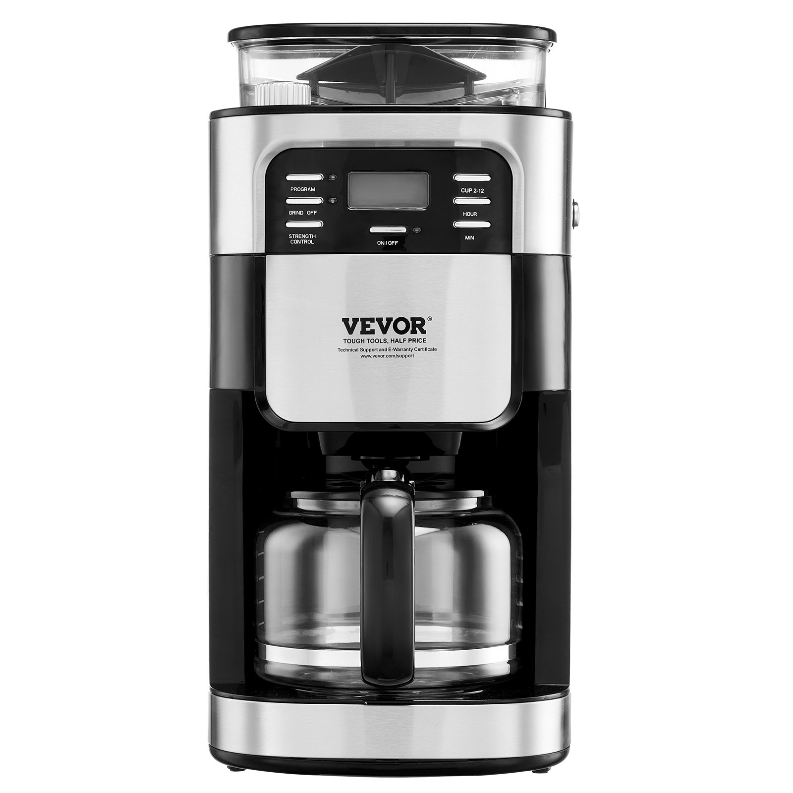Cafetera VEVOR con molinillo, 12 tazas, cafetera con función de molido y preparación automática, control de intensidad de café de 3 niveles, temporizador de 24 horas, ideal para casa, oficina y restaurante.