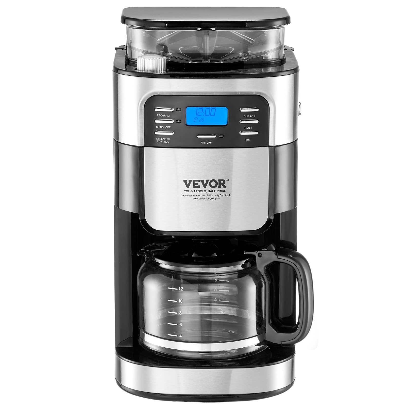 Cafetera VEVOR con molinillo, 12 tazas, cafetera con función de molido y preparación automática, control de intensidad de café de 3 niveles, temporizador de 24 horas, ideal para casa, oficina y restaurante.