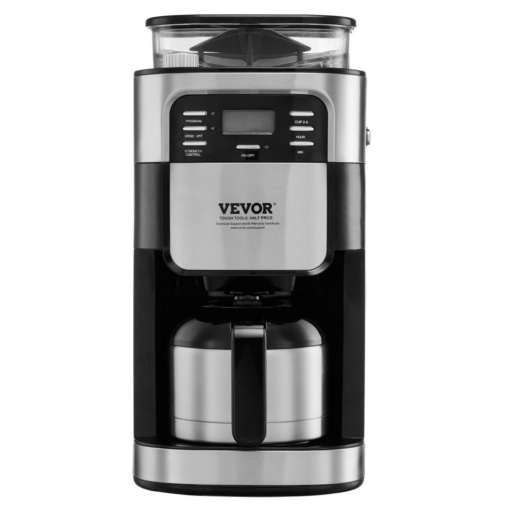 Cafetera VEVOR con molinillo, 8 tazas, cafetera con función de molido y preparación automática, control de intensidad de café de 3 niveles, temporizador de 24 horas, ideal para casa, oficina y restaurante.