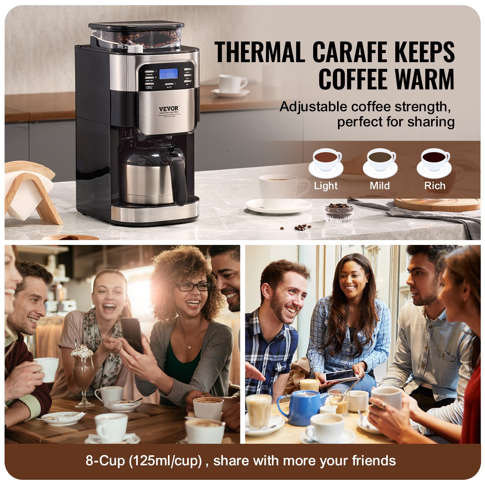 Cafetera VEVOR con molinillo, 8 tazas, cafetera con función de molido y preparación automática, control de intensidad de café de 3 niveles, temporizador de 24 horas, ideal para casa, oficina y restaurante.