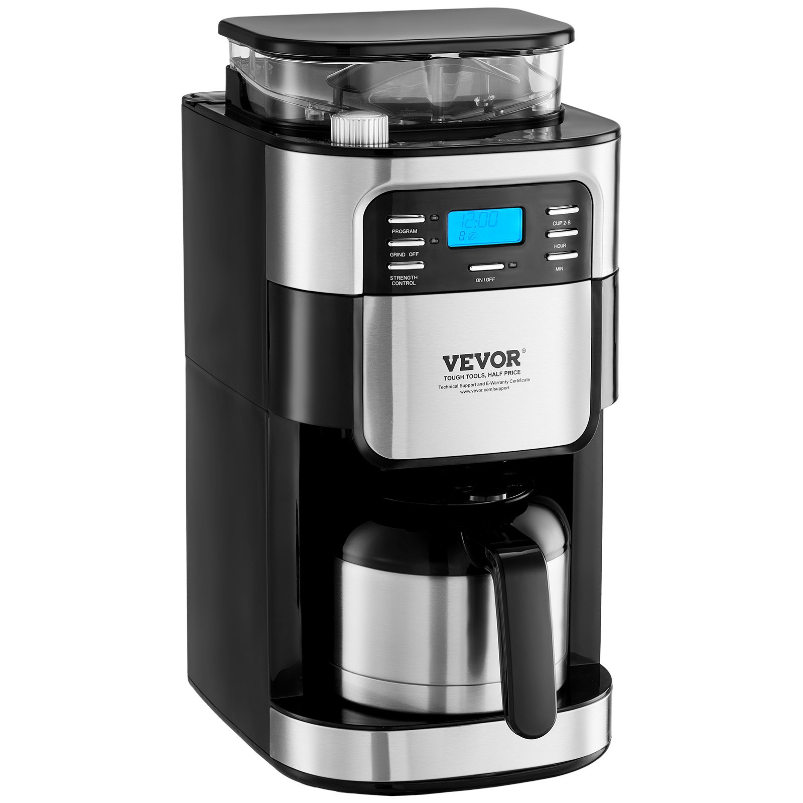 Cafetera VEVOR con molinillo, 8 tazas, cafetera con función de molido y preparación automática, control de intensidad de café de 3 niveles, temporizador de 24 horas, ideal para casa, oficina y restaurante.