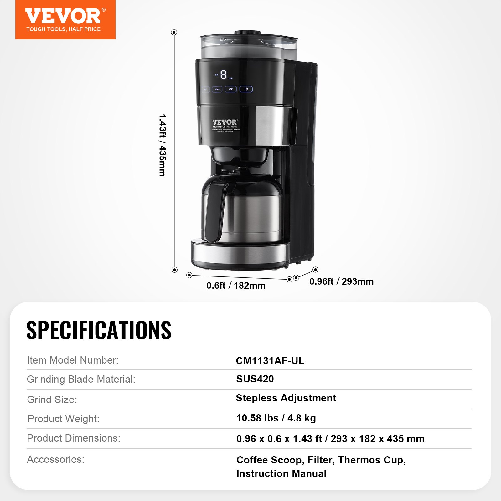 Cafetera de goteo VEVOR de 8 tazas con control de intensidad de preparación de 3 niveles