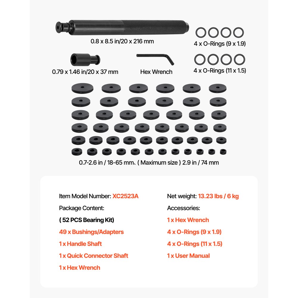 Kit de prensa de rodamientos VEVOR, 52 piezas, juego de instalación de sellos y pistas de rodamientos con 49 bujes y eje de manija, juego de herramientas de instalación de bujes, kit de herramientas de instalación y extracción de acero al carbono de alta resistencia con estuche de almacenamiento