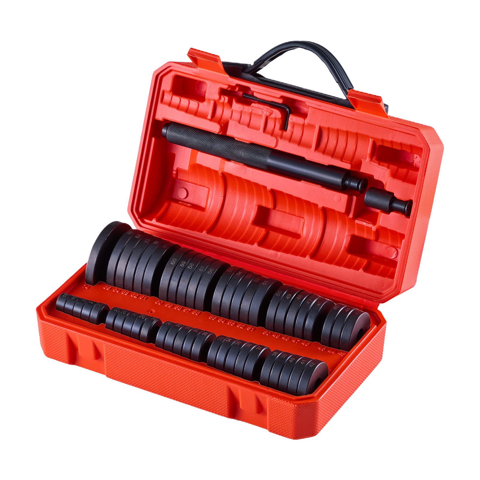 Kit de prensa de rodamientos VEVOR, 52 piezas, juego de instalación de sellos y pistas de rodamientos con 49 bujes y eje de manija, juego de herramientas de instalación de bujes, kit de herramientas de instalación y extracción de acero al carbono de alta resistencia con estuche de almacenamiento