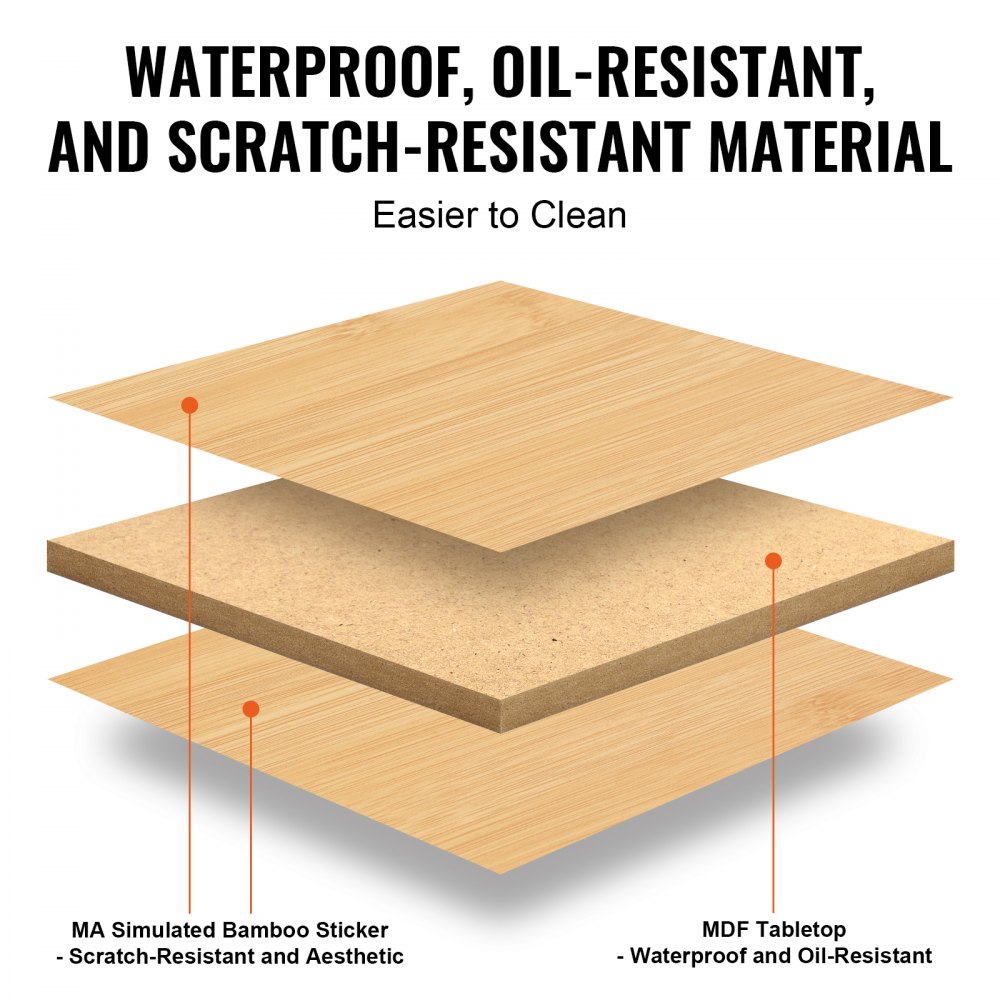 Mesa bandeja de cama VEVOR: capas con adhesivo de bambú resistente a los arañazos y tablero de MDF resistente al agua y al aceite.