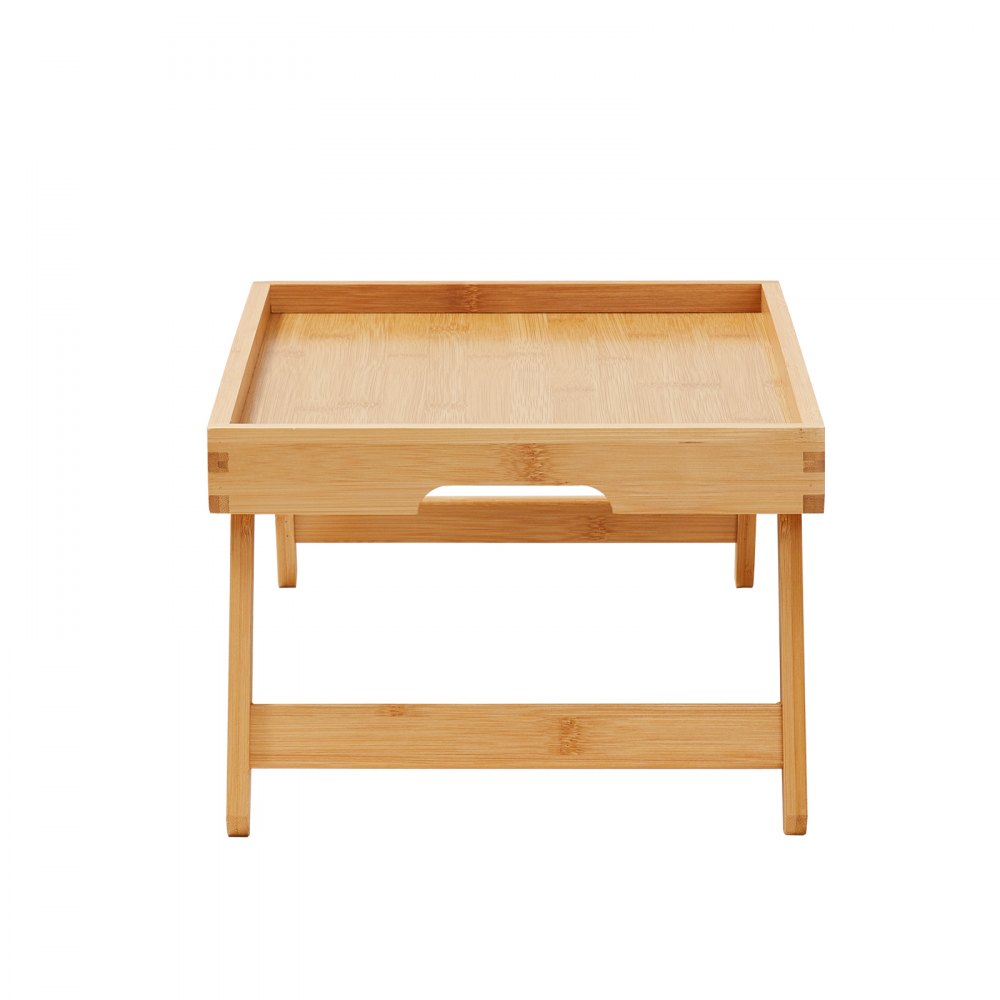 Mesa de cama VEVOR de bambú con patas plegables y asas integradas para facilitar su transporte.