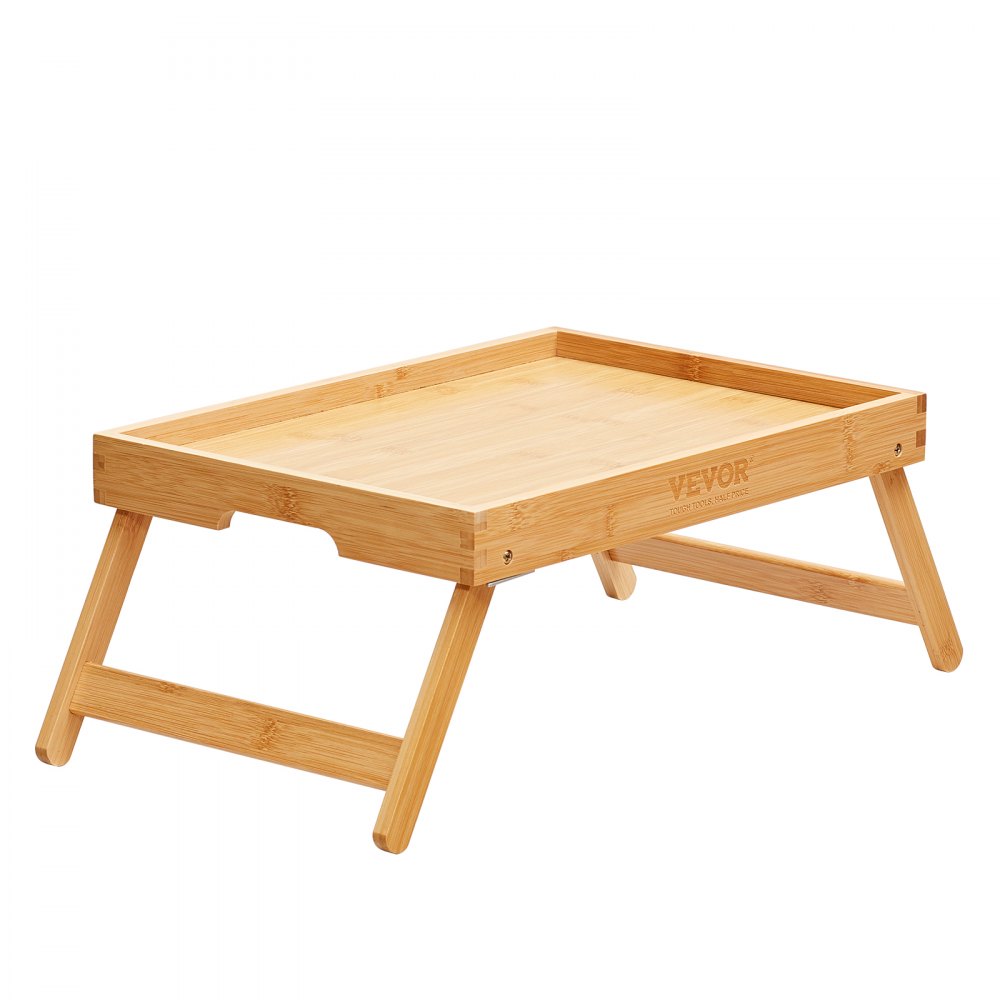 Mesa de cama VEVOR de bambú con patas plegables y bordes elevados para mayor estabilidad y comodidad.