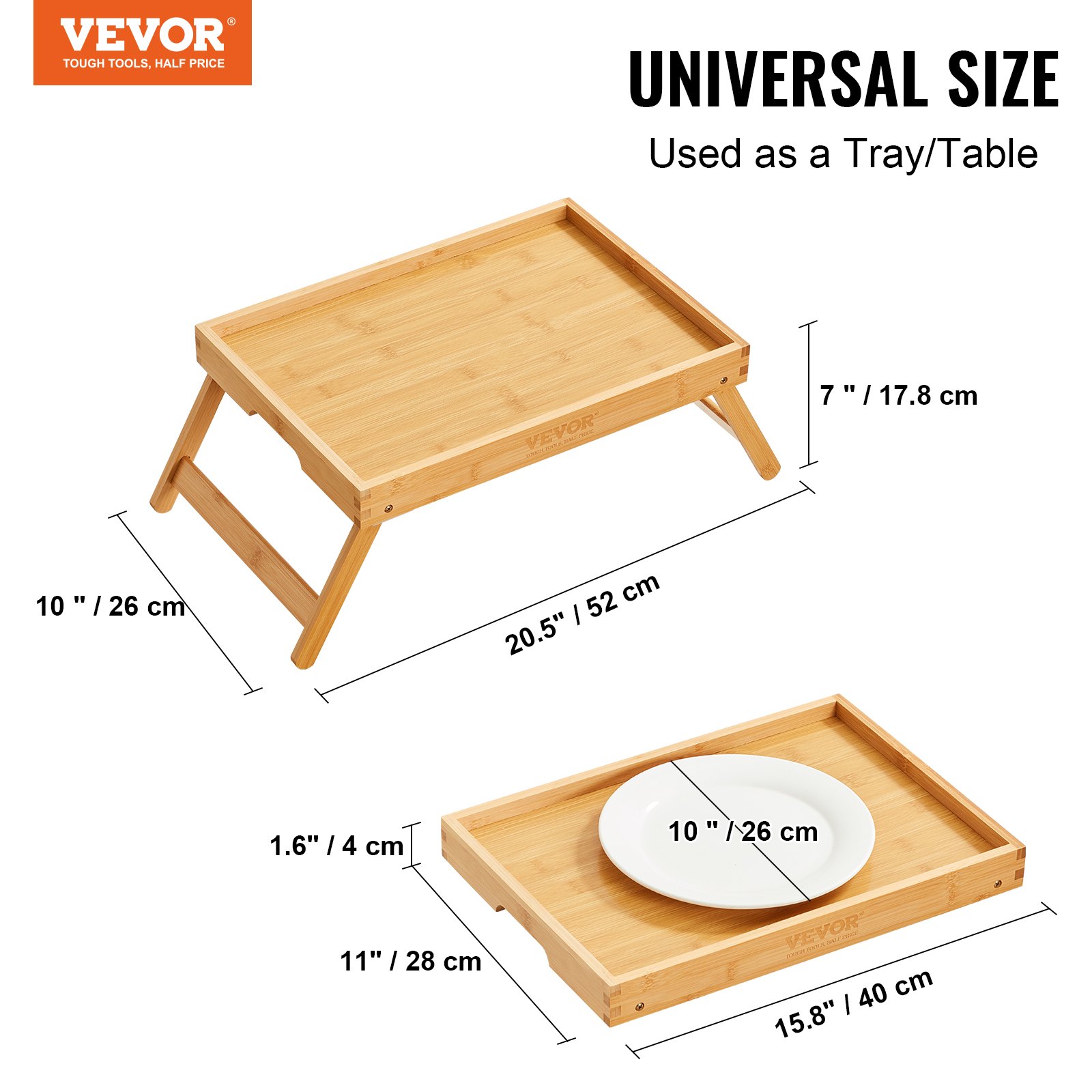 Mesa de cama VEVOR que presenta dimensiones con un acabado de bambú, patas plegables y un tamaño universal.