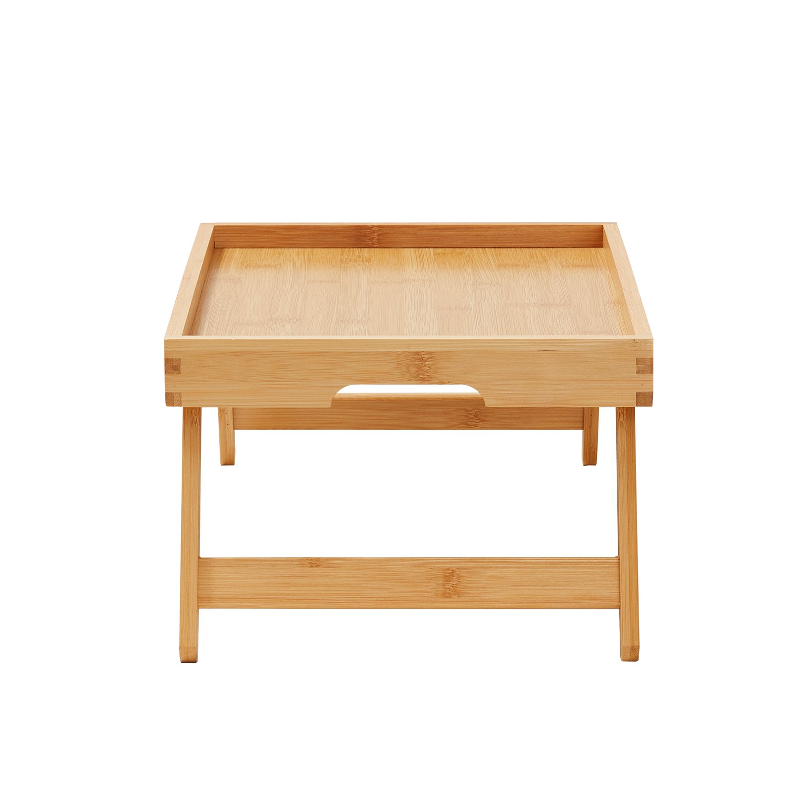 Mesa de cama VEVOR de bambú con patas plegables y asas integradas para facilitar su transporte.