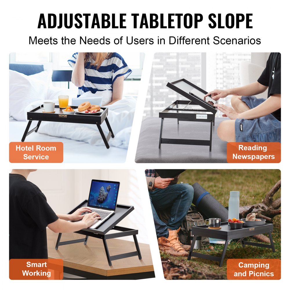 Mesa bandeja de cama VEVOR con tablero ajustable utilizada para trabajo inteligente, servicio de habitaciones de hotel y más.