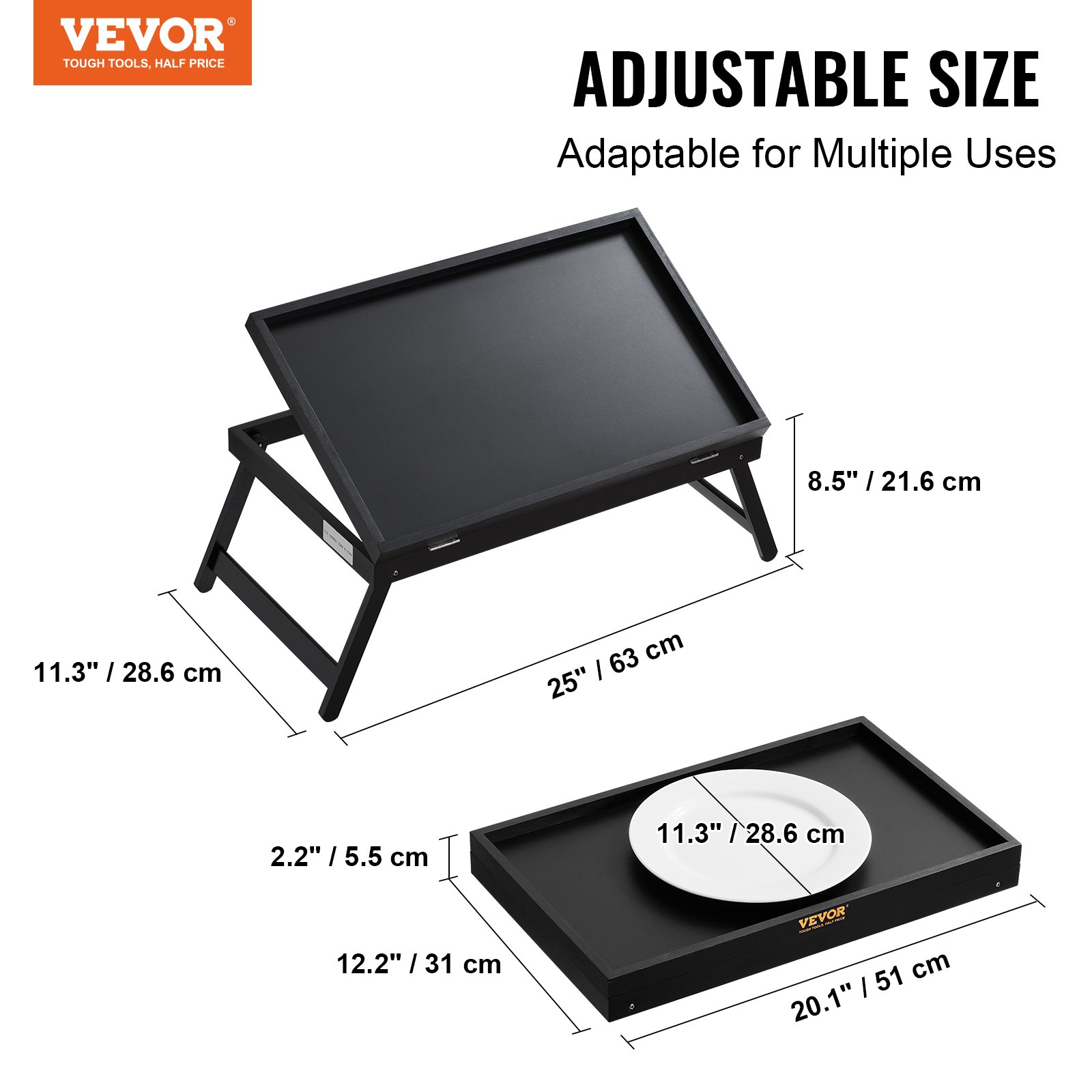 Mesa bandeja de cama VEVOR con tamaño ajustable, color negro, dimensiones etiquetadas para altura, ancho y profundidad.