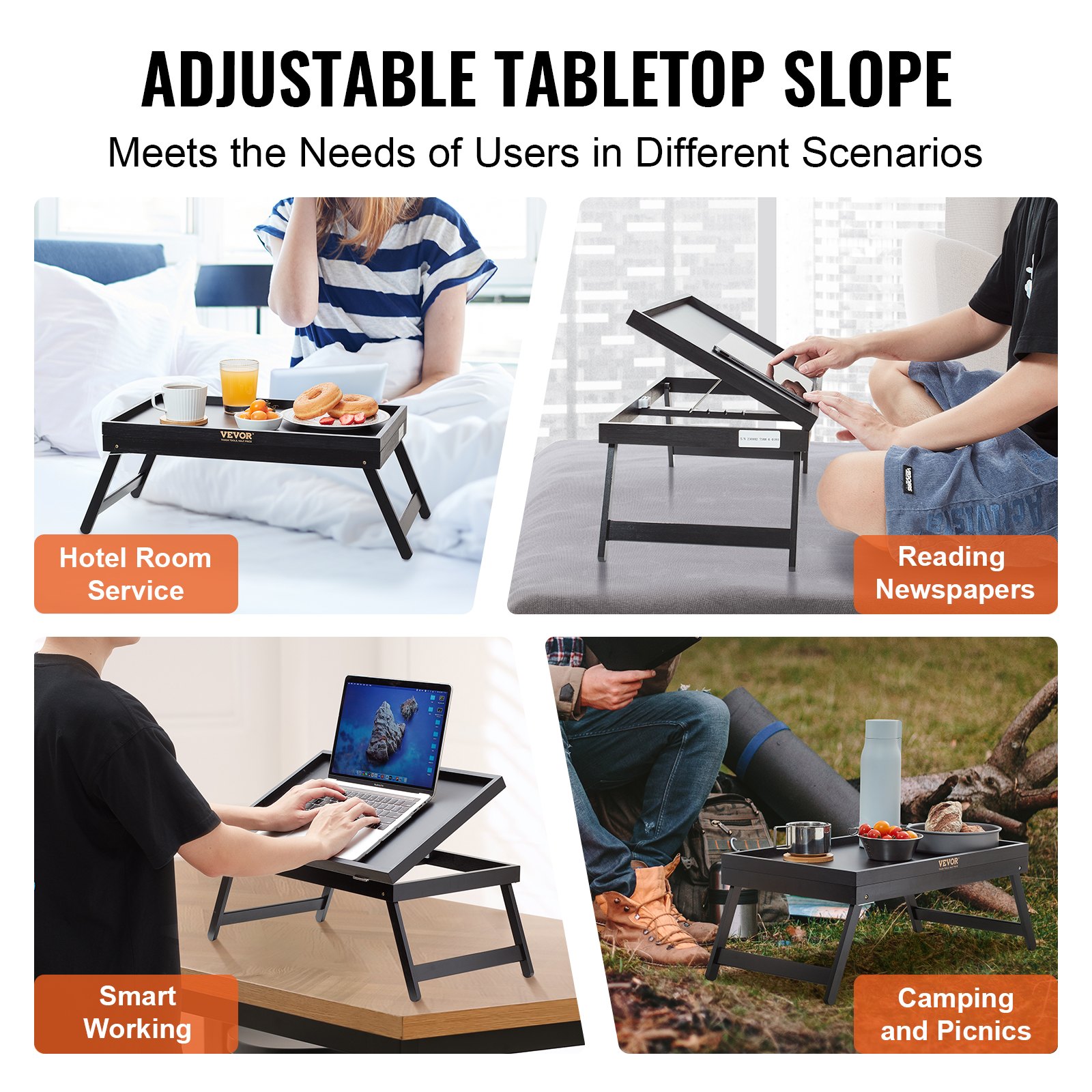 Mesa bandeja de cama VEVOR con tablero ajustable utilizada para trabajo inteligente, servicio de habitaciones de hotel y más.