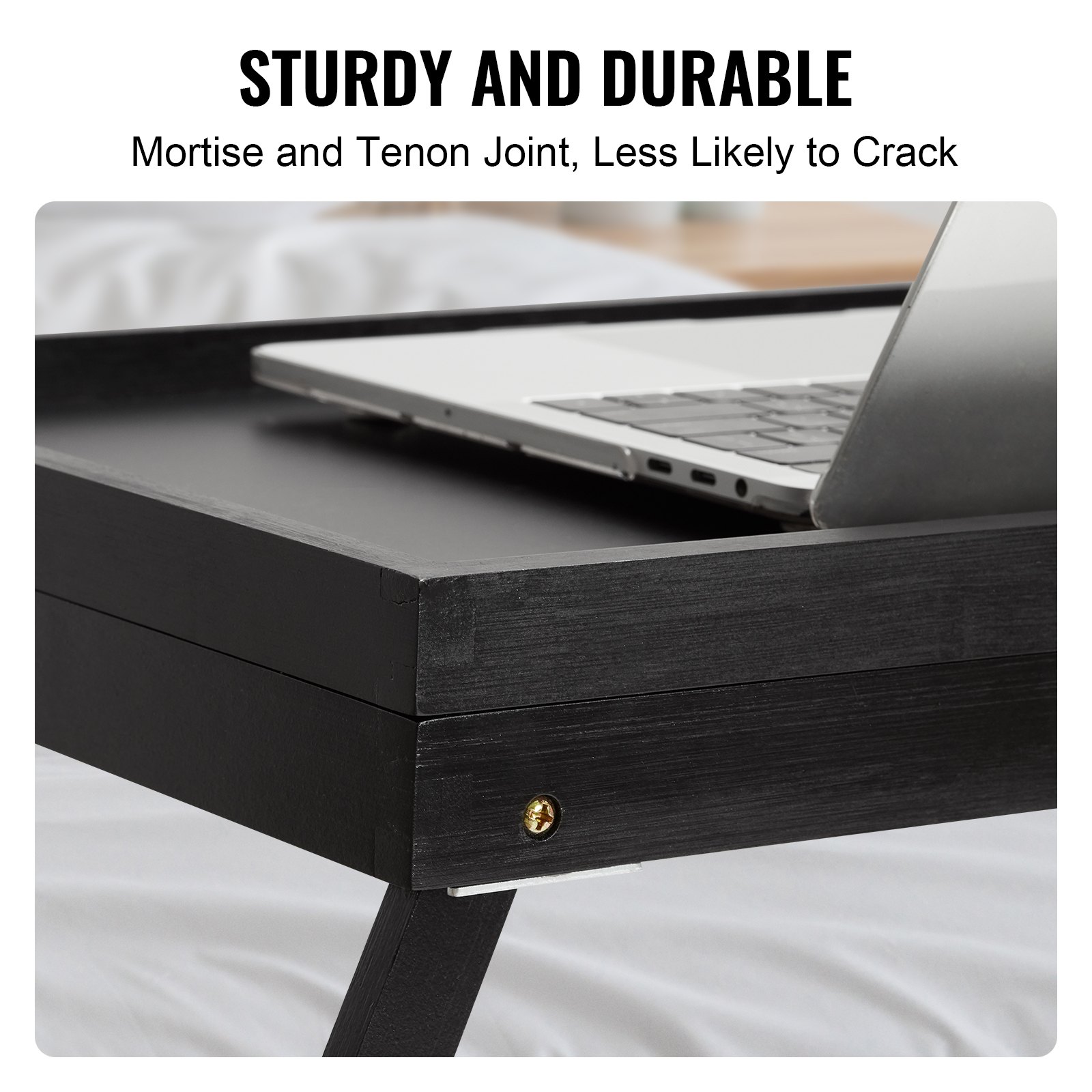 Mesa de cama VEVOR resistente de color negro con bandeja para computadora portátil, que resalta la unión de mortaja y espiga duradera.