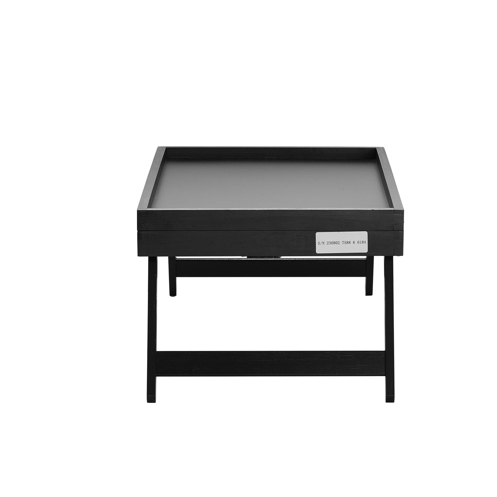 Mesa de cama VEVOR negra con patas plegables y superficie lisa, vista desde el frente.